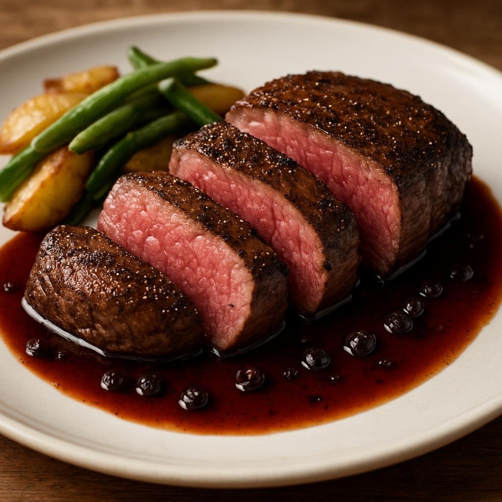 Entree: Australia – Western Australia – Kangaroo Fillet (Seared kangaroo fillets served rare with a pepperberry and red wine jus) recipe