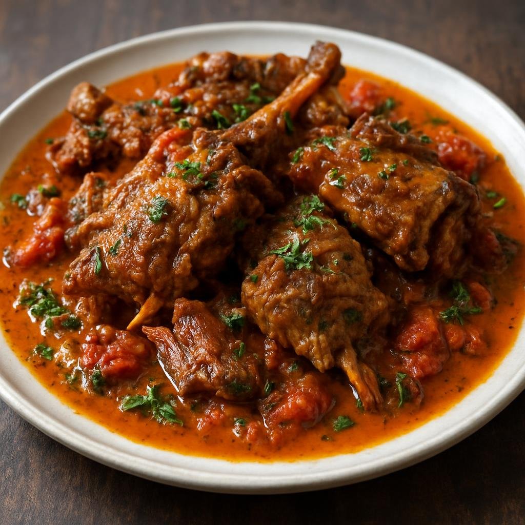 Entree: France – Corsica – Cabri en Sauce (Young goat cooked slowly in a savory herb and tomato sauce) recipe