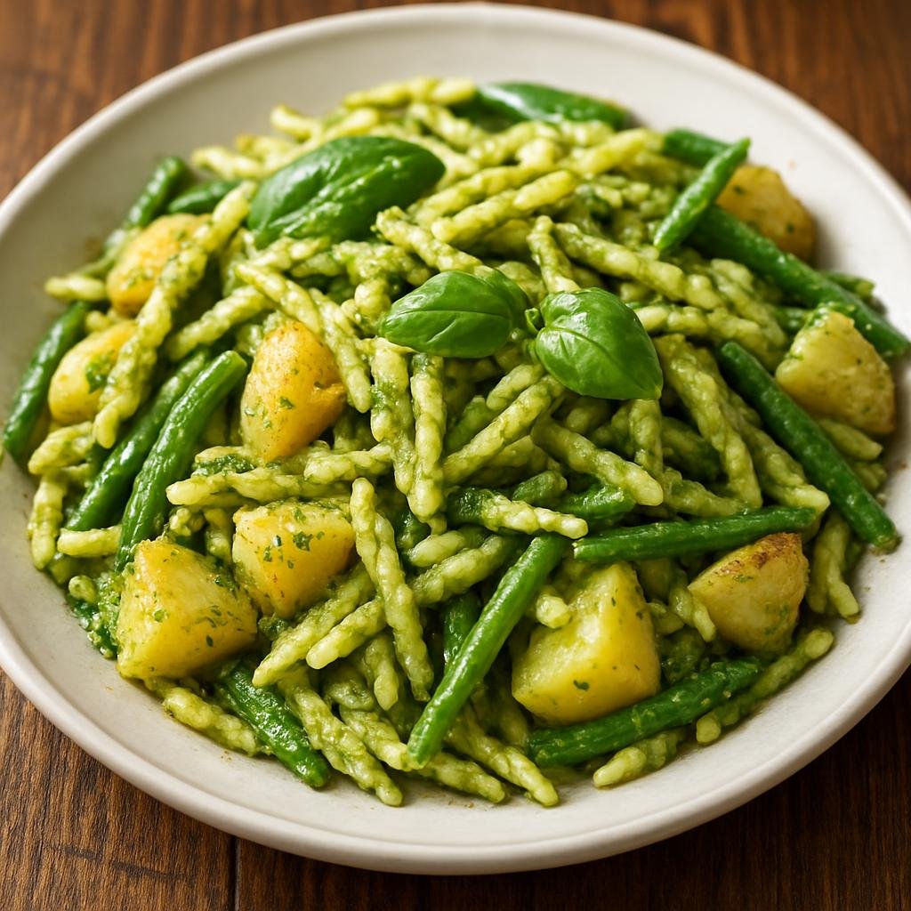 Entree: Italy – Liguria – Trofie al Pesto (Twisted Ligurian pasta tossed with fresh basil, pine nut and cheese pesto, often served with potatoes and green beans) recipe