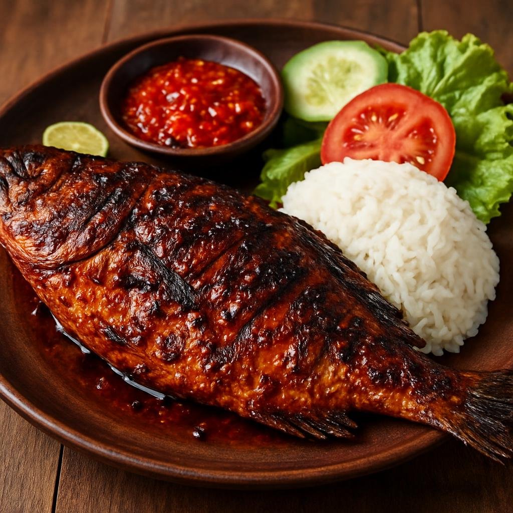 Entree: Indonesia – Indonesian Muslim Festival Cuisine – Ikan Bakar (Grilled whole fish marinated in Indonesian spice paste and sweet soy glaze) recipe