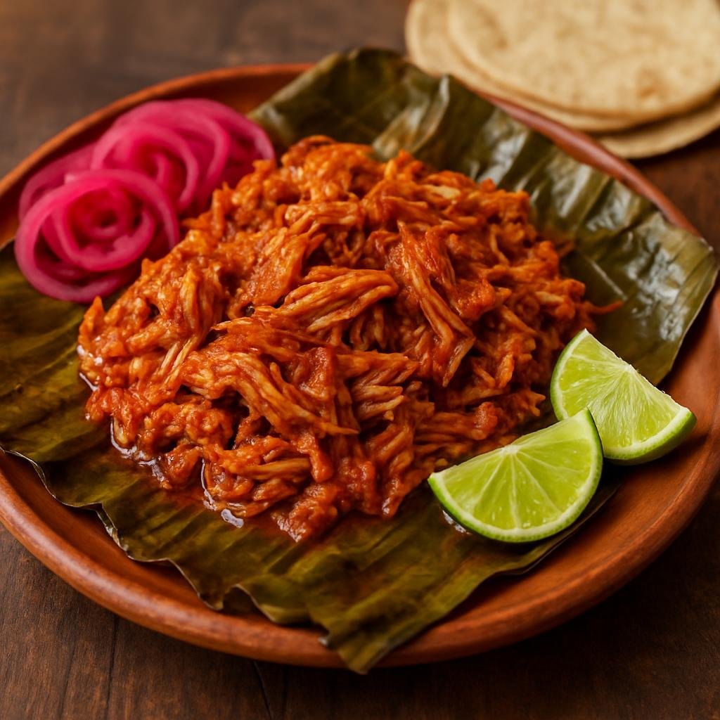 Entree: Mexico – Mexico City – Cochinita Pibil (Slow-roasted annatto- and citrus-marinated shredded pork traditionally wrapped in banana leaves) recipe