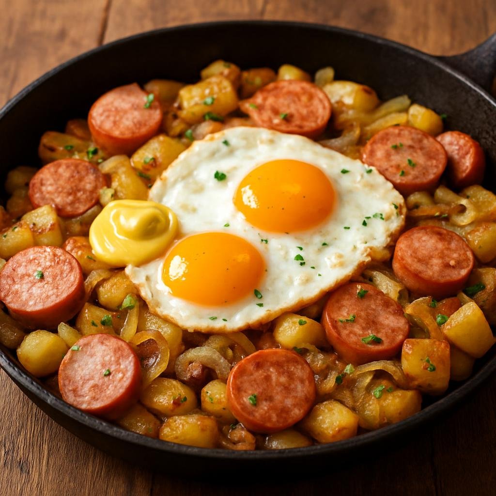 Entree: Germany – Saarland – Lyonerpfanne (Saarland-style pan-fry of sliced Lyoner sausage with potatoes and onions, often finished with mustard and fried eggs) recipe