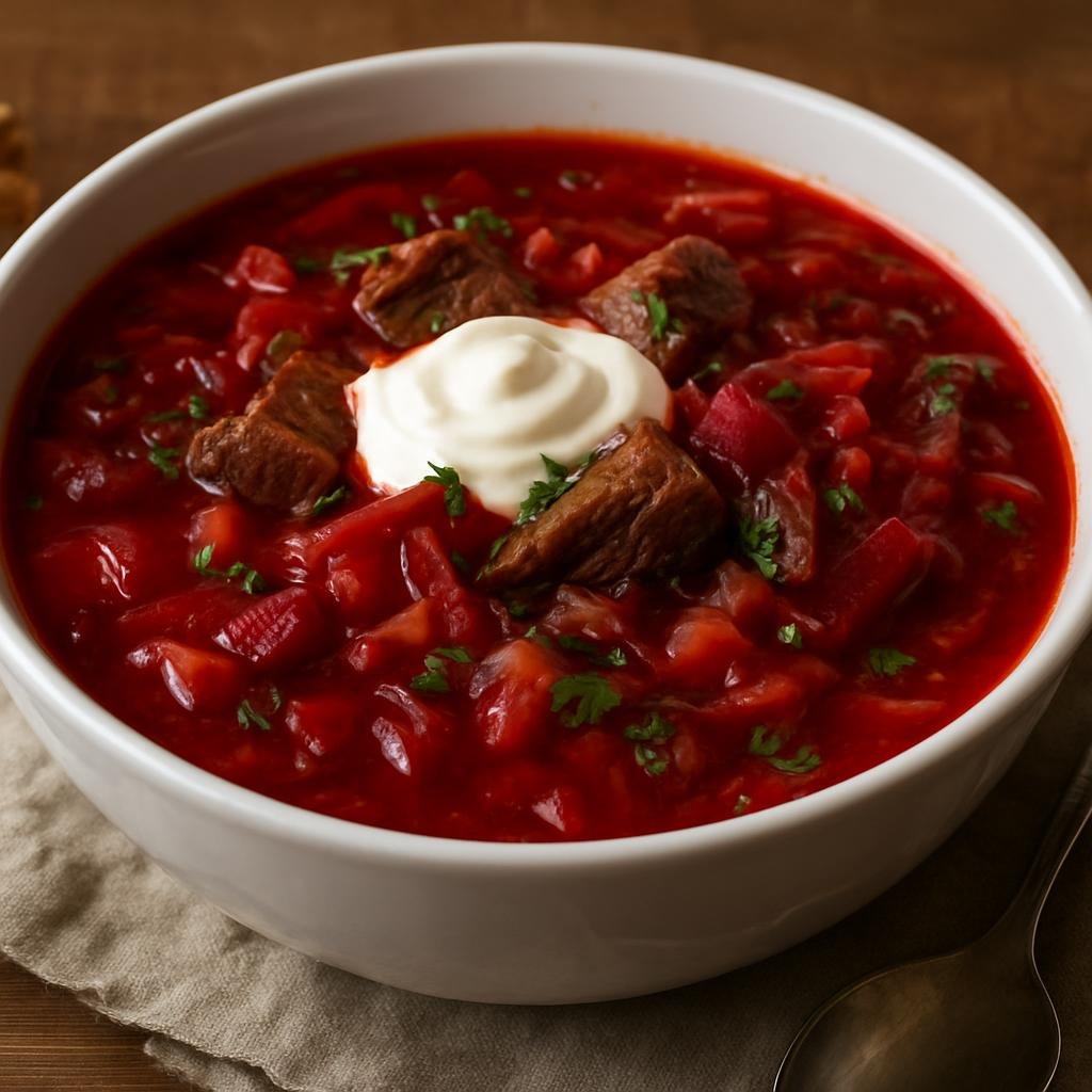 Entree: Russia – Moscow & Central Russia – Борщ с говядиной ➤ Borshch s govyadinoy (Hearty beetroot soup with beef, cabbage, and root vegetables) recipe
