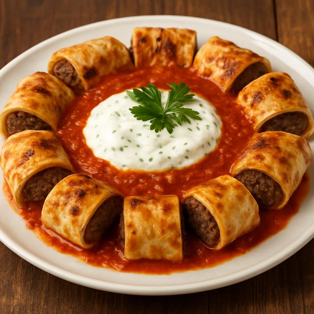 Entree: Turkey – Southeastern Anatolia – Beyti Kebabı (Grilled seasoned ground lamb formed into long kebabs, wrapped in flatbread and served with tomato-butter sauce and garlic yogurt) recipe