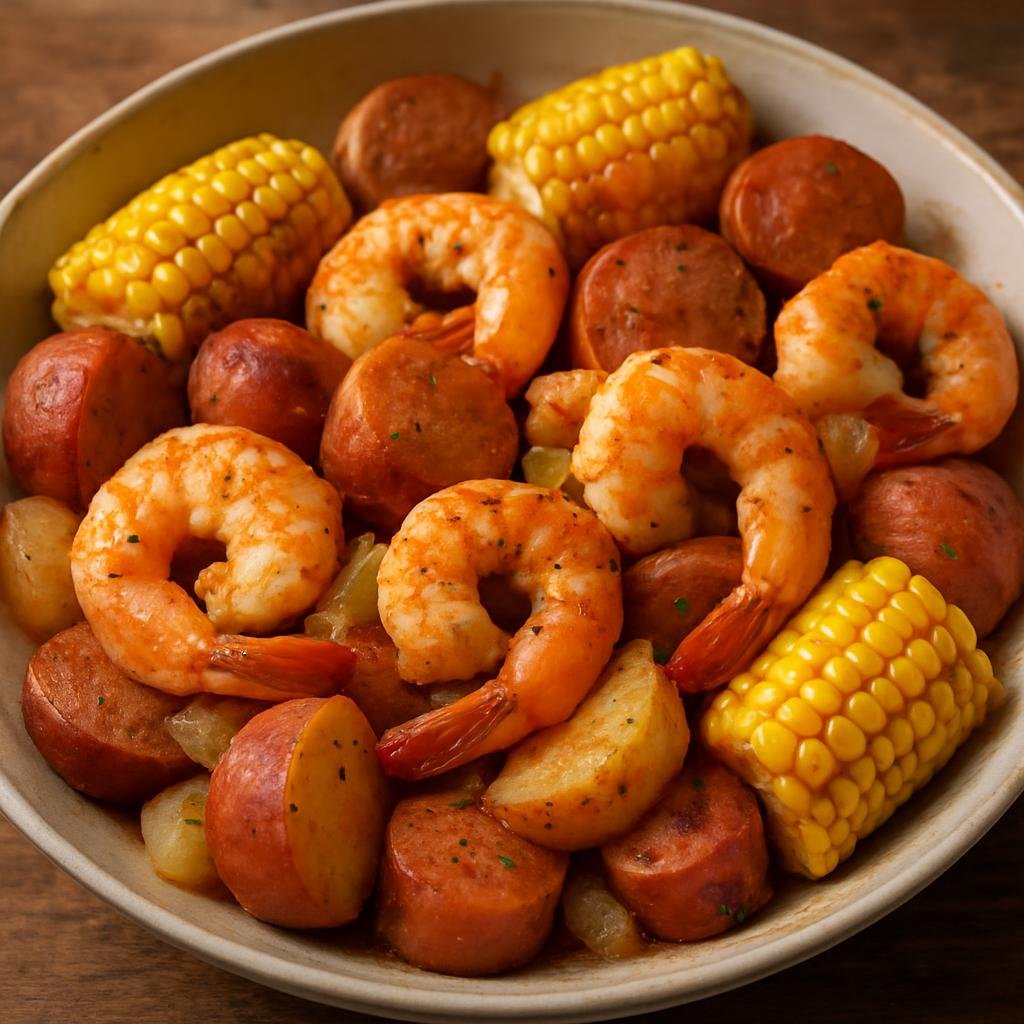 Entree: United States – Carolinas Piedmont – Lowcountry Boil (One-pot coastal boil of shrimp, smoked sausage, corn, and potatoes seasoned with Old Bay and aromatics) recipe