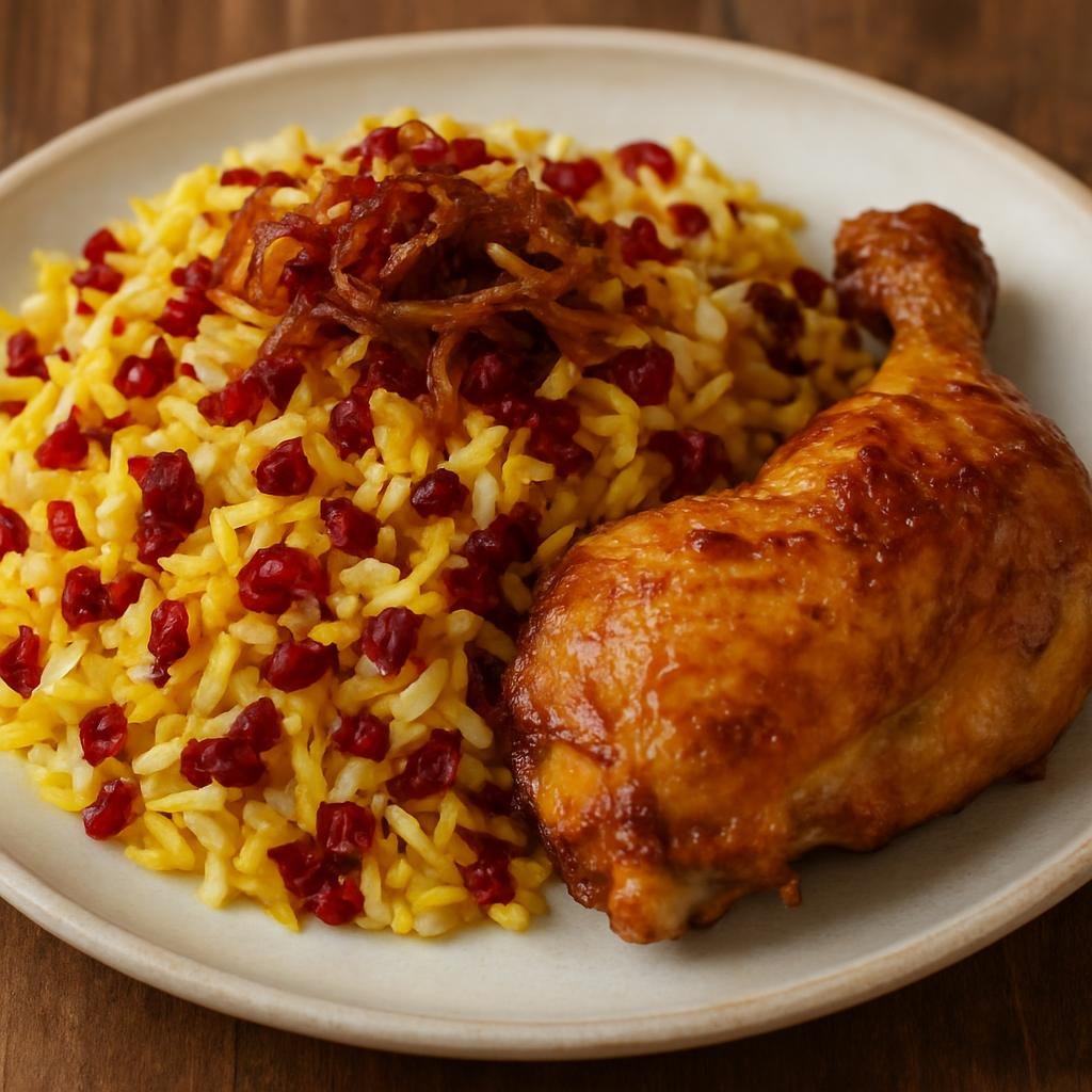 Entree: Iran – Shiraz / Fars – زرشک پلو ➤ Zereshk Polo (Saffron-flavored rice studded with tart barberries and caramelized onions, traditionally served with chicken) recipe