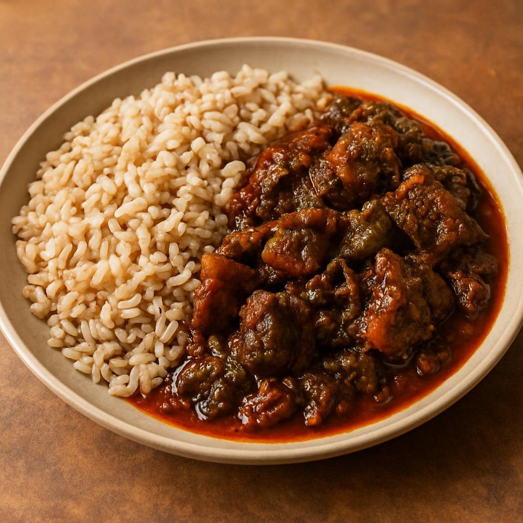 Entree: Nigeria – Nigerian Party Food – Ofada Rice and Ayamase Sauce (Unpolished local rice served with a spicy green pepper and palm-oil stew often made with assorted meats and locust beans) recipe