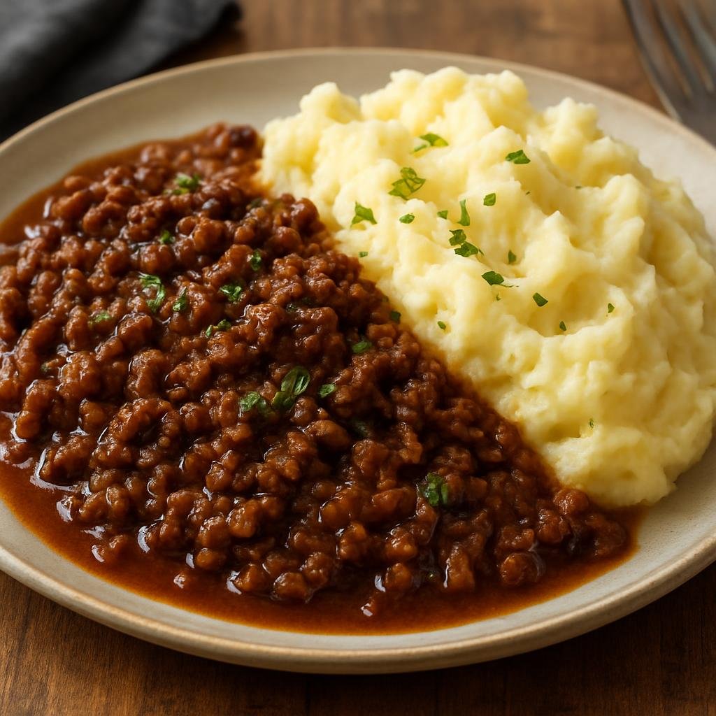 Entree: United Kingdom – Scotland Lowlands – Mince and Tatties (Seasoned minced beef cooked in gravy and served with creamy mashed potatoes) recipe