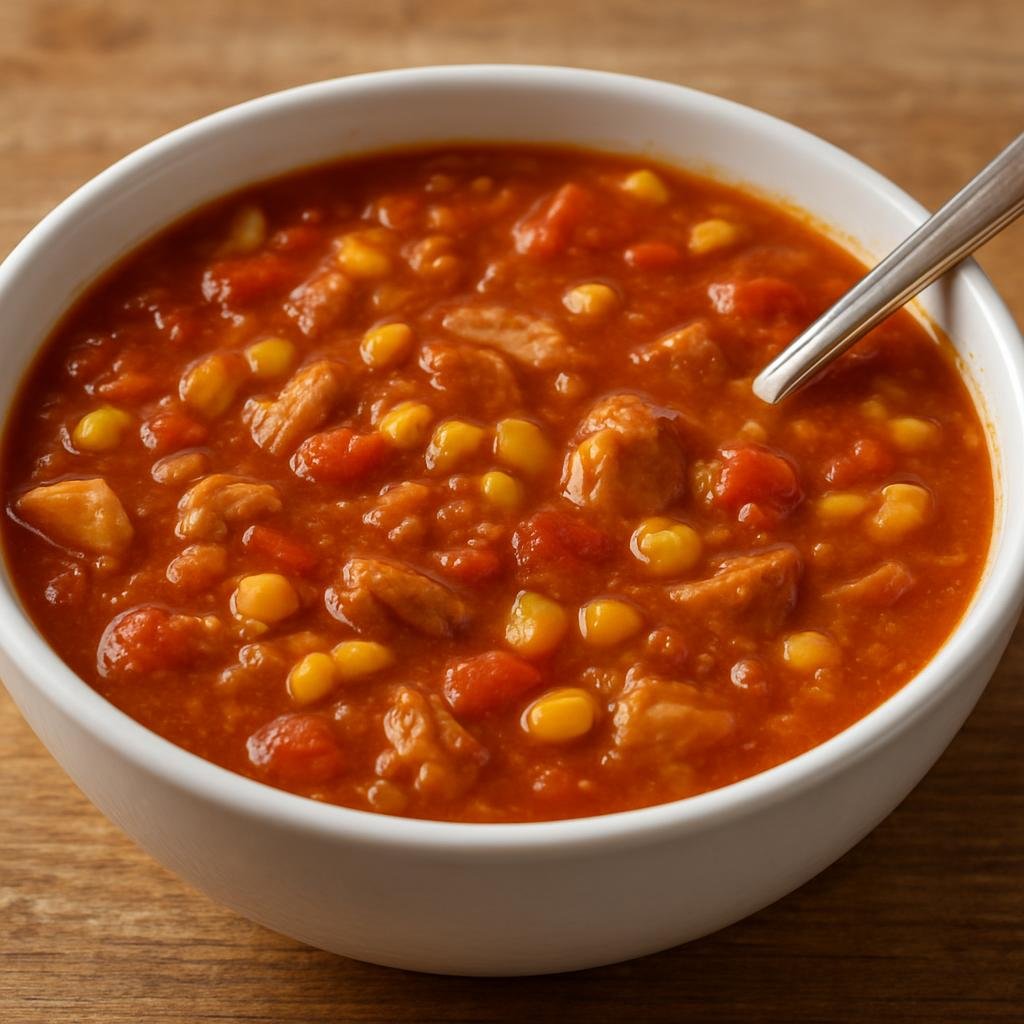 Entree: United States – Carolinas Piedmont – Brunswick Stew (Hearty slow-simmered tomato-based stew of meats and vegetables, traditionally made with pork and chicken) recipe