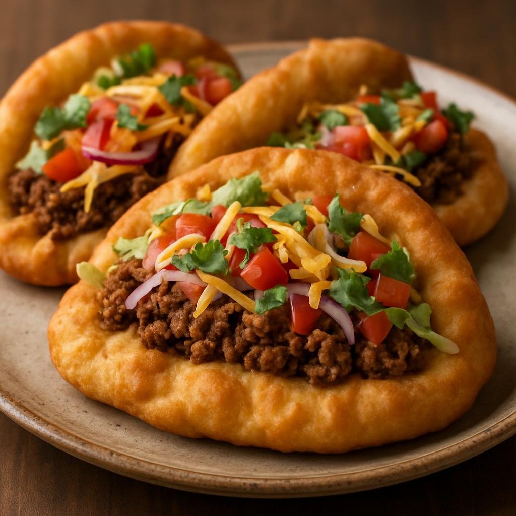 Entree: Canada – Prairies – Bannock Tacos (Indigenous fried or baked flatbread used as a taco shell filled with seasoned meat and fresh toppings) recipe
