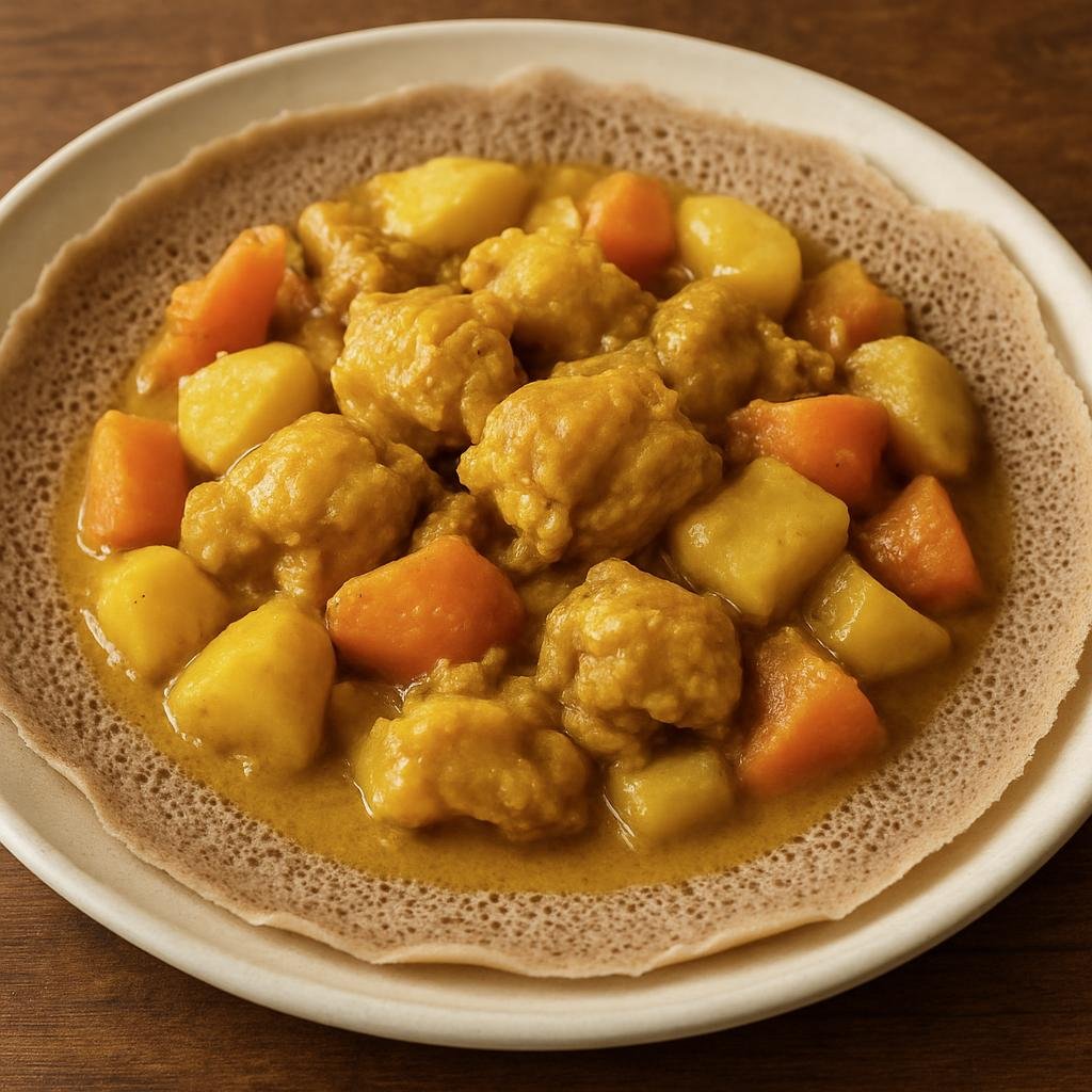 Entree: Ethiopia – Sidama – አሊቻ ወጥ ➤ Alicha Wat (Mild Ethiopian turmeric-scented stew of chicken and vegetables served with injera) recipe
