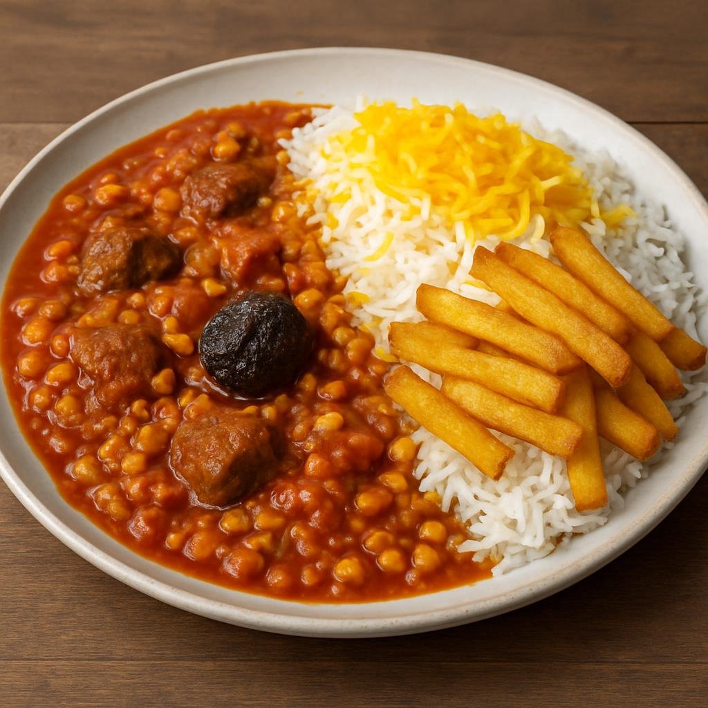 Entree: Iran – Shiraz / Fars – خورش قیمه ➤ Khoresht-e Gheimeh (Persian yellow-split-pea and lamb stew with tomato, dried lime, and fried potatoes served with saffron rice) recipe