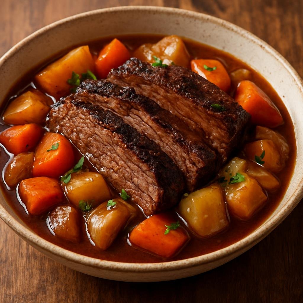 Entree: Australia – Western Australia – Bunbury Beef Brisket (Slow-braised beef brisket in Bunbury regional style with ale and root vegetables) recipe