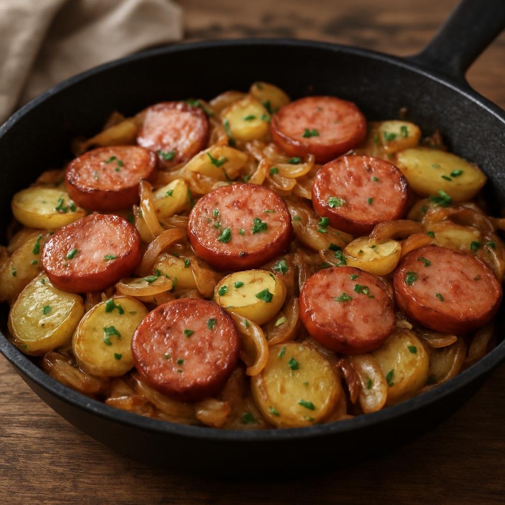 Entree: Germany – Saarland – Saarländische Lyonerpfanne (Pan-fried Lyoner sausage with potatoes and onions prepared in Saarland style) recipe