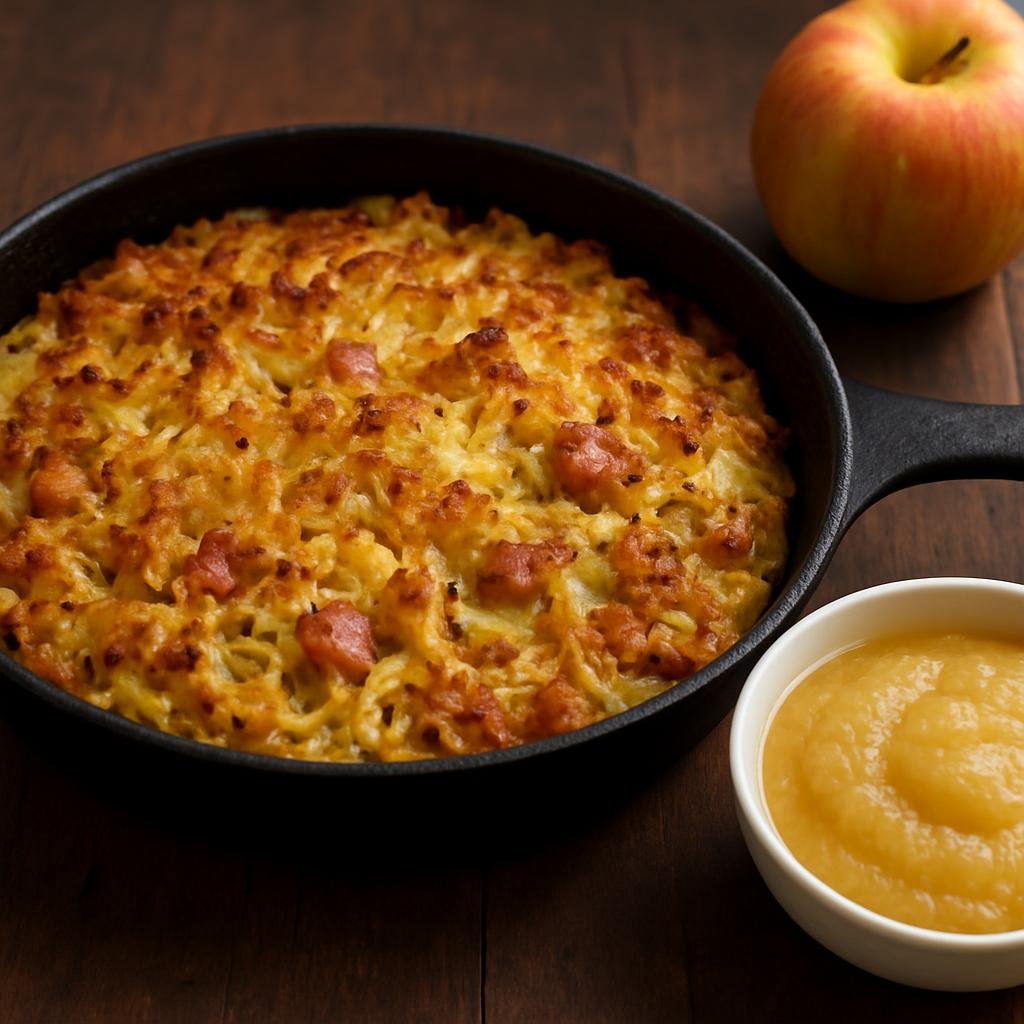 Entree: Germany – Saarland – Saarländischer Dibbelabbes mit Apfelmus (Saarland-style grated potato and smoked pork pudding baked in a pan, traditionally served with applesauce) recipe