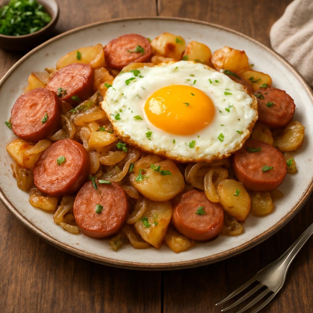 Entree: Germany – Saarland – Saarländische Lyonerpfanne mit Ei (Saarland-style pan-fry of Lyoner sausage with potatoes, onions, and fried egg) recipe