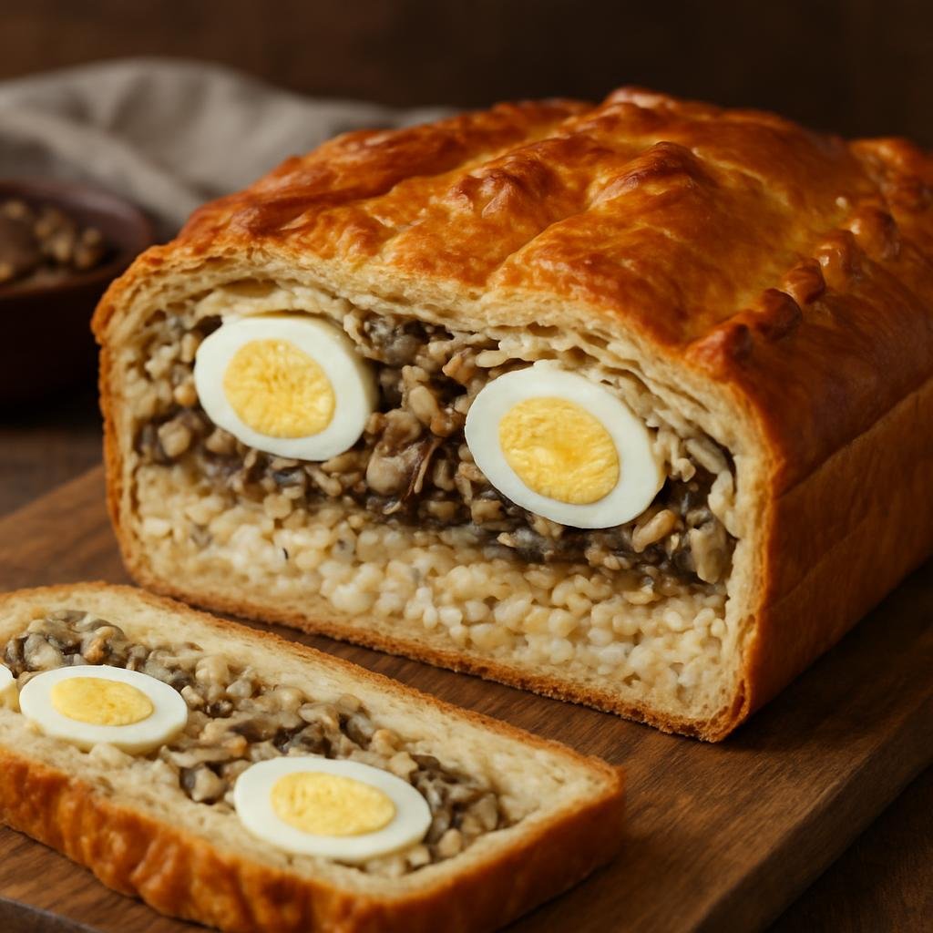 Entree: Russia – Moscow & Central Russia – Кулебяка ➤ Kulebyaka (Traditional Russian layered savory pie of fish, rice, mushrooms, and eggs encased in pastry) recipe