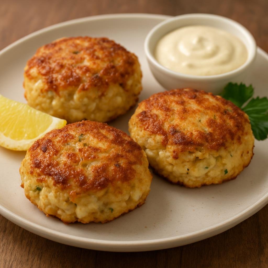 Entree: United States – Chesapeake Bay – Maryland Crab Cakes (Pan-fried seasoned patties made from lump blue crab meat bound with mayo, egg, and breadcrumbs) recipe