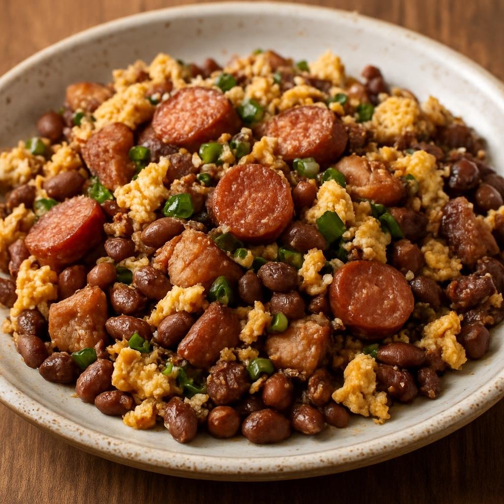 Entree: Brazil – Minas Gerais – Feijão Tropeiro (Hearty Minas Gerais dish of cooked beans mixed with manioc flour, pork, sausage, and scrambled eggs) recipe
