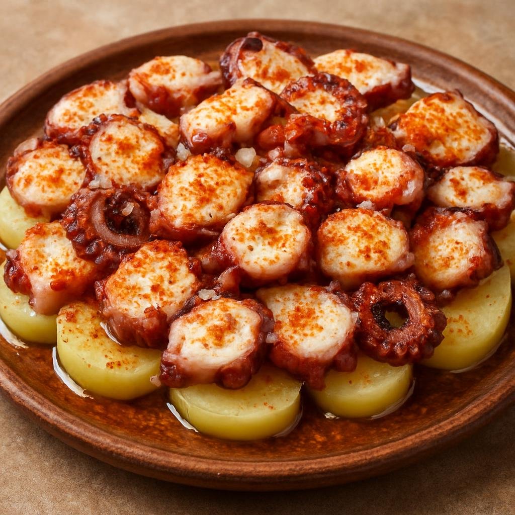 Entree: Spain – Galicia – Pulpo a la Gallega (Tender boiled octopus sliced and dressed with olive oil, smoked paprika, and coarse salt, traditionally served over potatoes) recipe