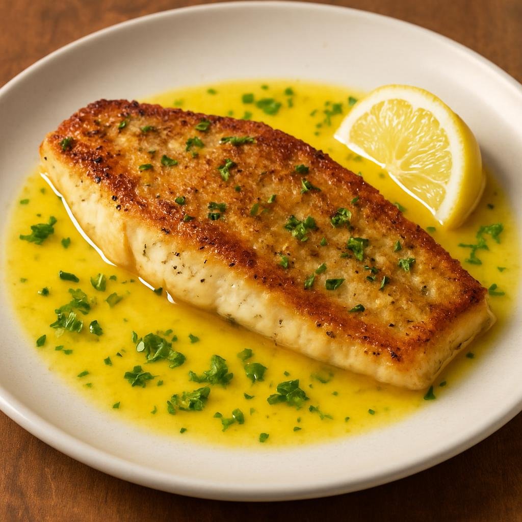 Entree: United States – Chesapeake Bay – Rockfish with Lemon Butter (Pan-seared Chesapeake Bay rockfish fillets finished with a bright lemon-butter sauce) recipe