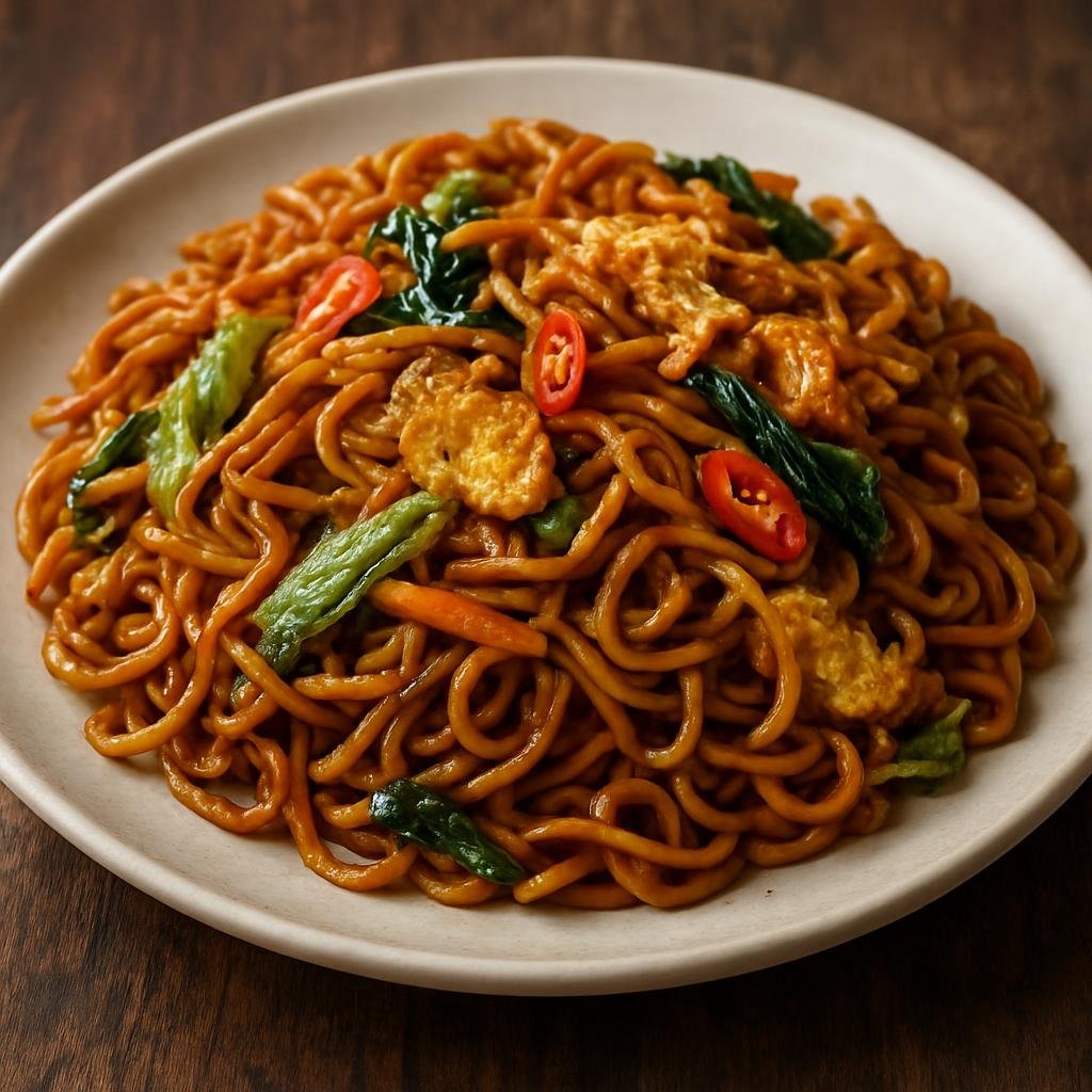 Entree: Indonesia – Indonesian Street Food – Mie Goreng (Stir-fried seasoned yellow egg noodles with vegetables, egg, and savory sweet soy sauce) recipe
