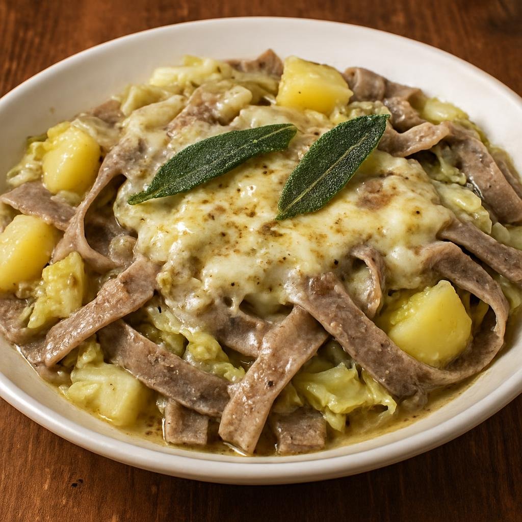 Entree: Italy – Lombardy – Pizzoccheri (Buckwheat ribbon pasta cooked with potatoes and cabbage, layered with melting alpine cheeses and finished with garlic-sage butter) recipe