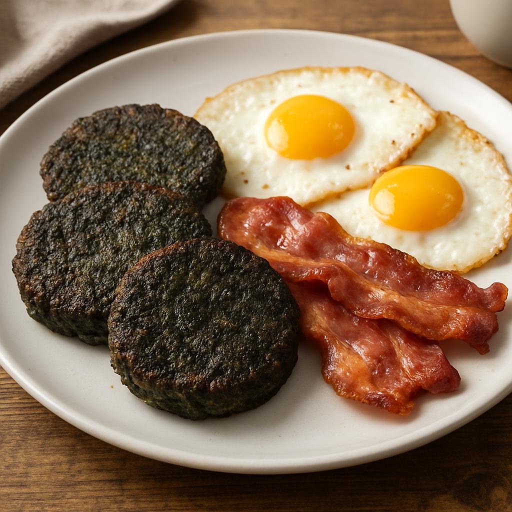 Entree: United Kingdom – Wales – Laverbread with Bacon (Pan-fried Welsh seaweed purée cakes served with crisp bacon and eggs) recipe