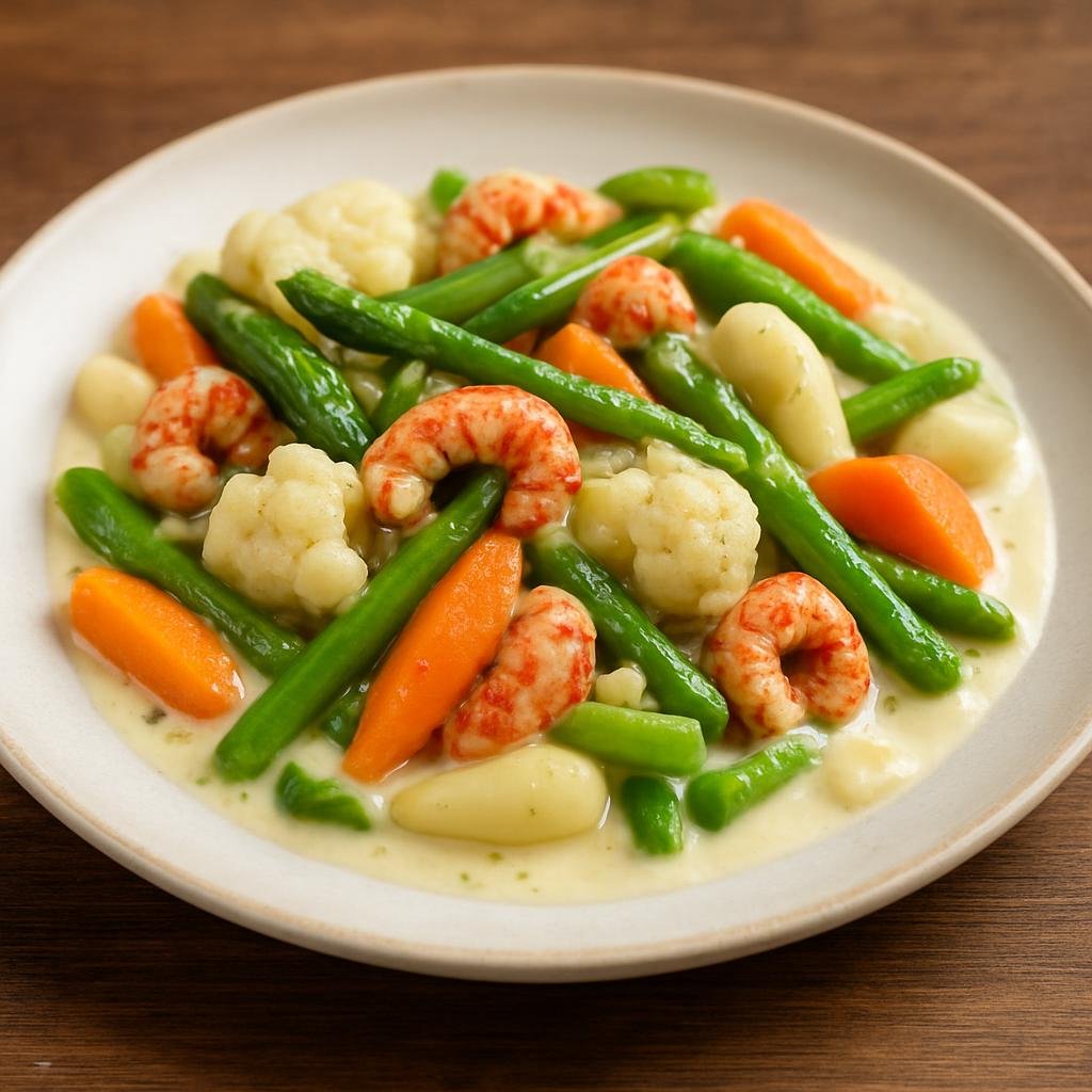 Entree: Germany – Saxony – Leipziger Allerlei (A classic Saxon spring medley of young vegetables gently sauced, traditionally finished with a creamy liaison and often with crayfish) recipe