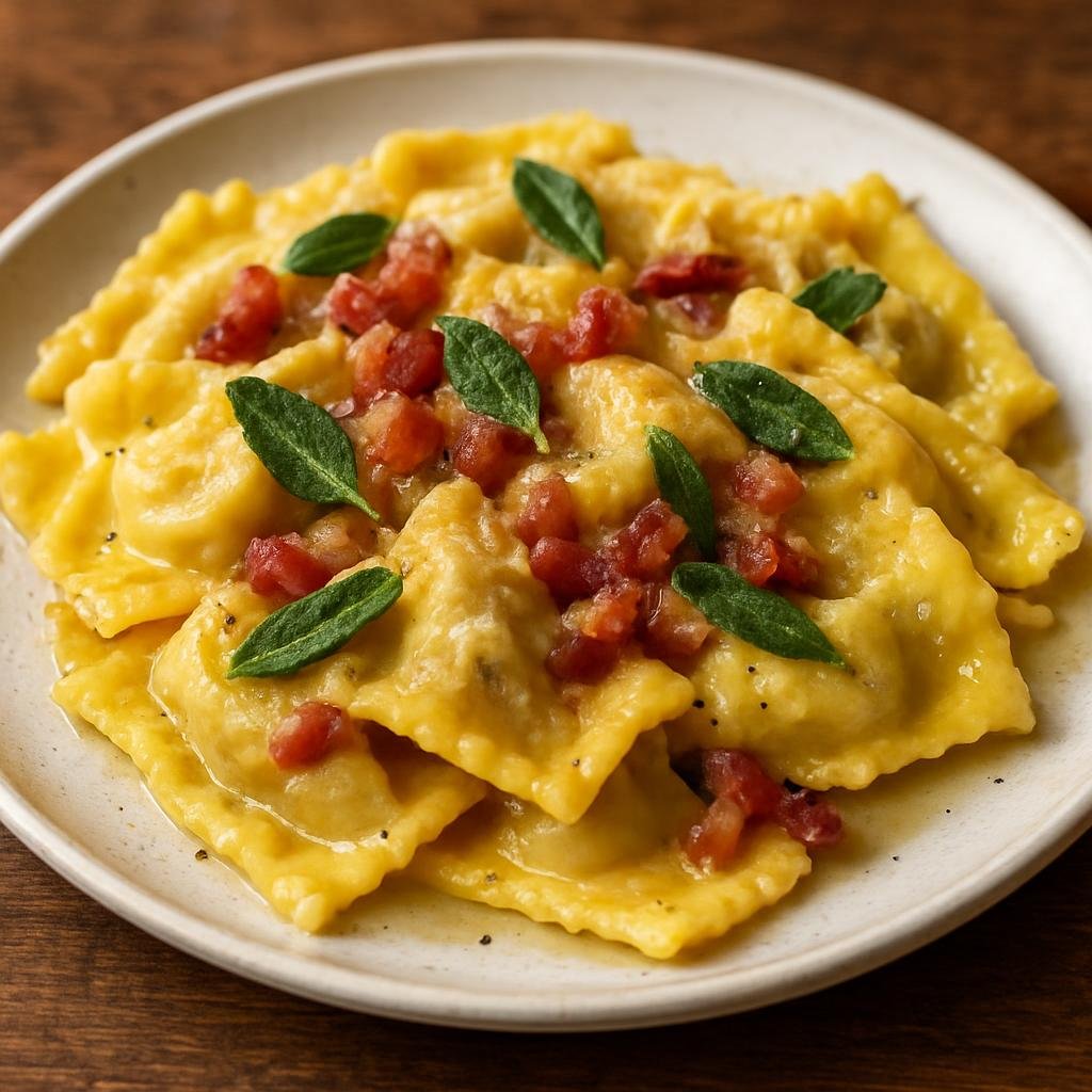 Entree: Italy – Lombardy – Casoncelli (Lombard stuffed folded pasta pockets traditionally filled with meat, breadcrumbs, and amaretti, served with butter, sage, and pancetta) recipe