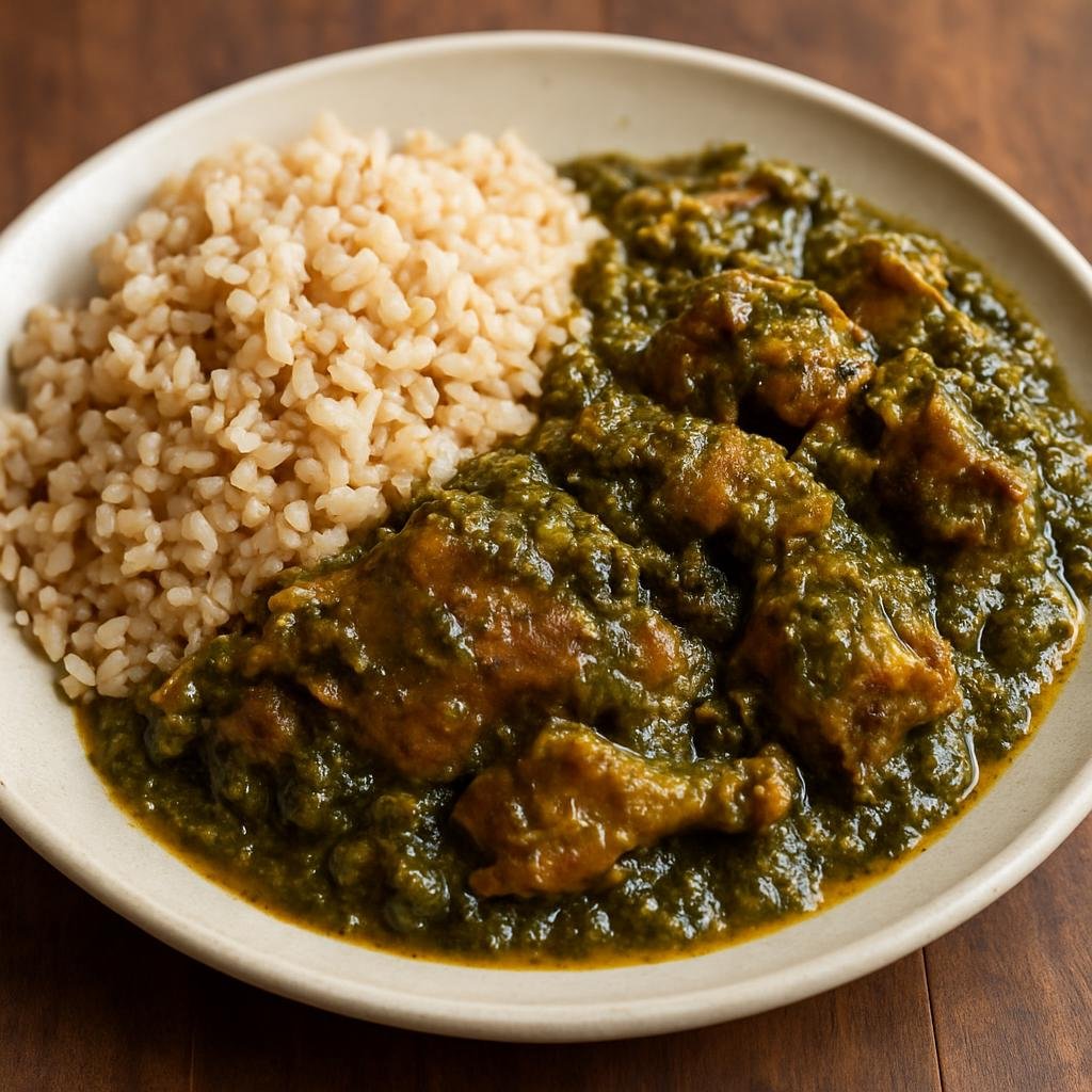 Entree: Nigeria – Yoruba Southwest – Ofada Rice and Ayamase (Local unpolished Ofada rice served with a spicy green-pepper and assorted-meat stew) recipe