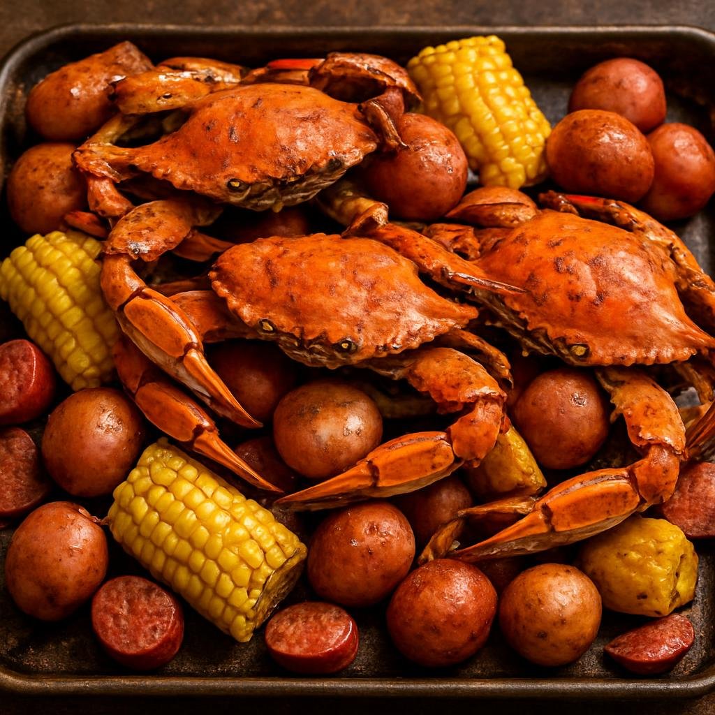Entree: United States – Chesapeake Bay – Chesapeake Bay Blue Crab Boil (A communal seasoned seafood boil of Chesapeake blue crabs cooked with corn, potatoes, and smoked sausage) recipe