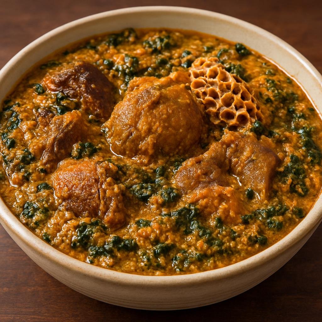 Entree: Nigeria – Yoruba Southwest – Egusi Soup (Thick West African soup made with ground melon seeds, leafy greens, and assorted meats) recipe