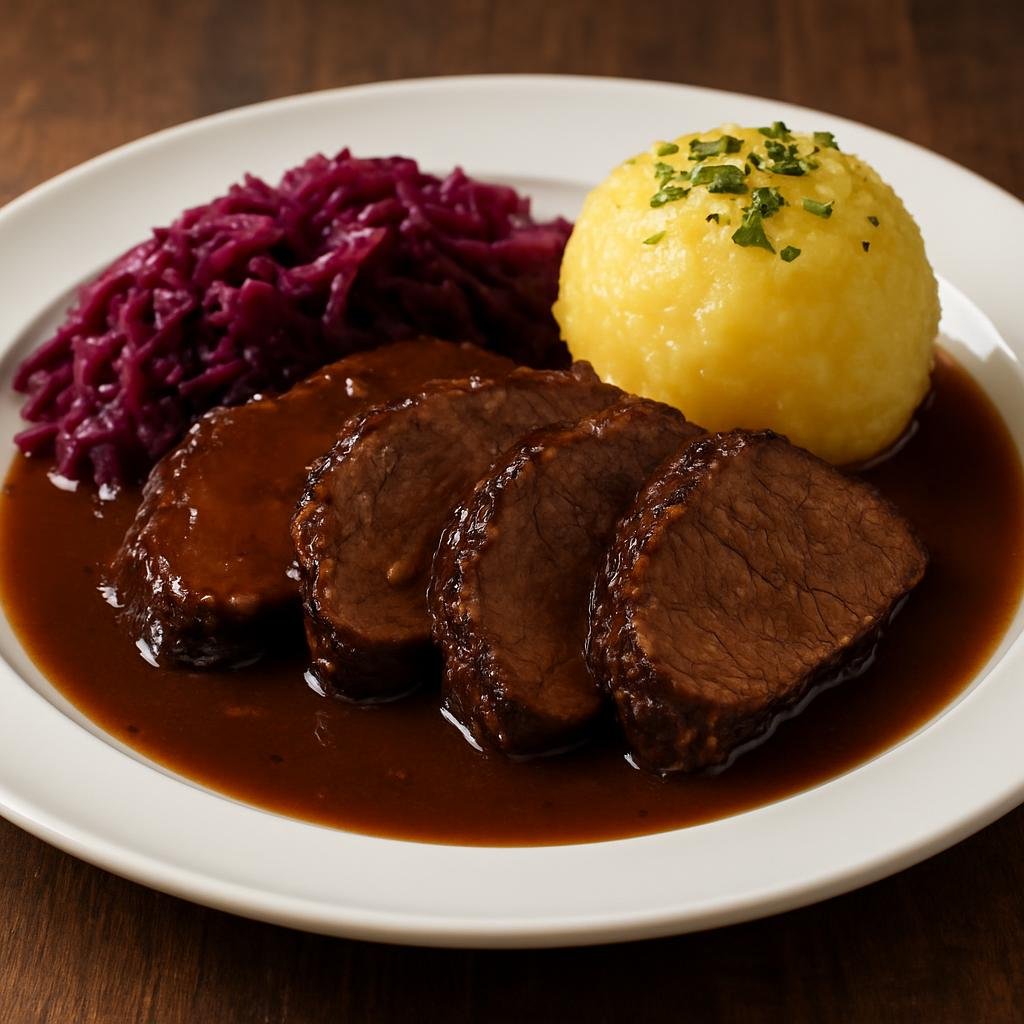 Entree: Germany – Saxony – Dresdner Sauerbraten (Marinated beef pot roast braised in a sweet-and-sour spiced gravy typical of Dresden) recipe