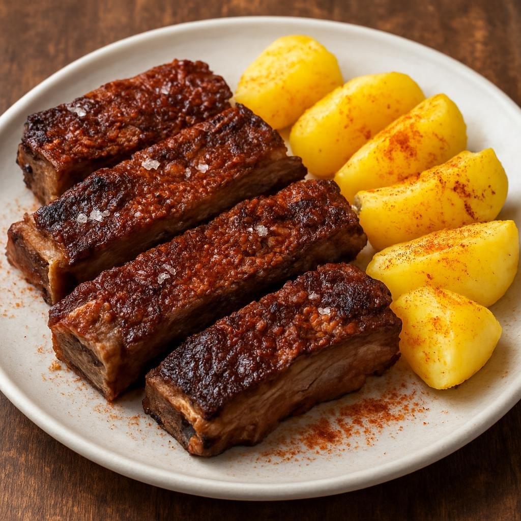 Entree: Spain – Galicia – Churrasco Gallego (Galician-style charcoal-grilled beef short ribs seasoned simply with coarse salt and smoked paprika, served with potatoes) recipe