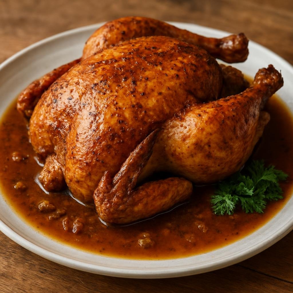 Entree: United States – Chesapeake Bay – Smith Island Chicken (Pan-roasted Chesapeake-style whole chicken seasoned with Old Bay and finished with a crab-infused brown jus) recipe