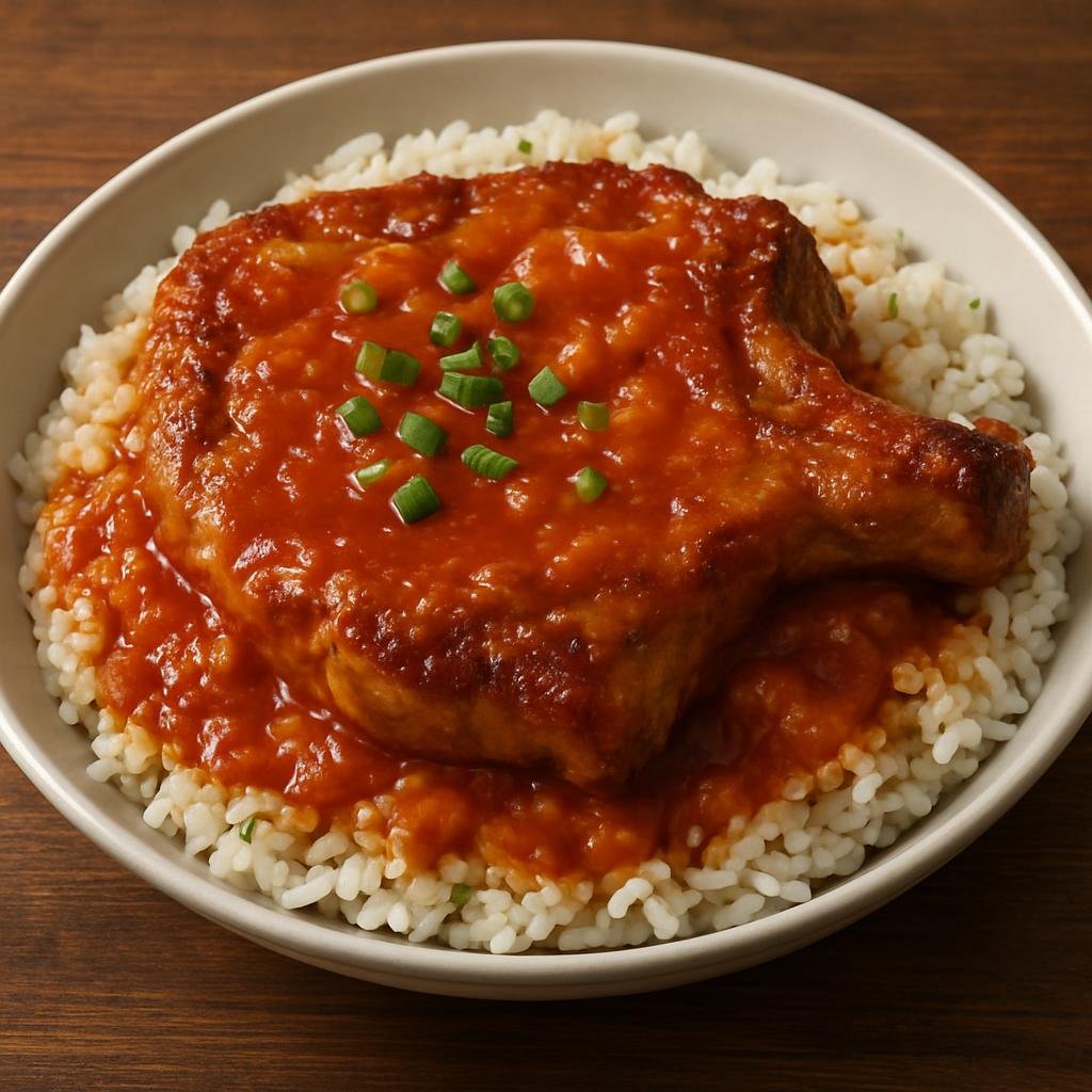 Entree: China – Hong Kong – 焗豬扒飯 ➤ guk6 zyu1 paa4 faan6 (Hong Kong–style oven-baked pork chop served over seasoned rice with a savory tomato-based gravy) recipe