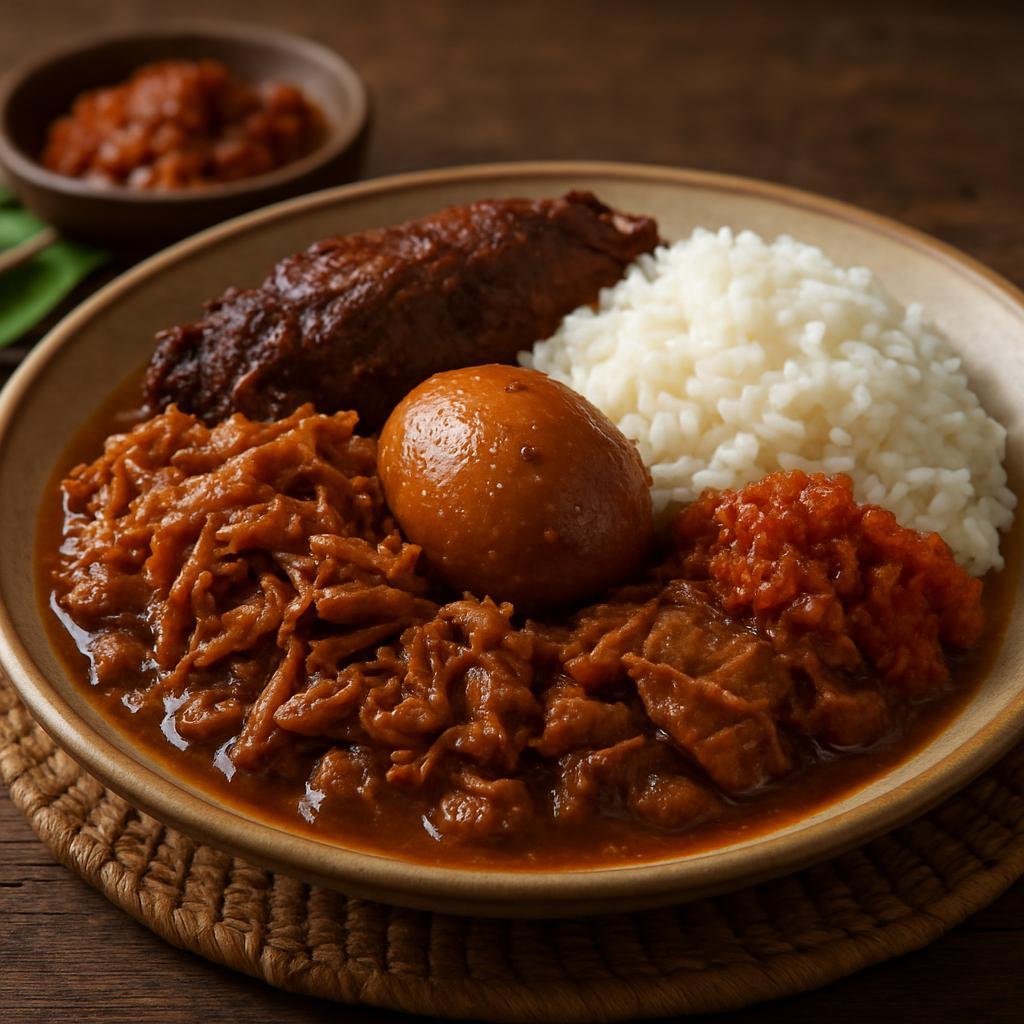 Entree: Indonesia – Indonesian Street Food – Gudeg (Sweet and savory Yogyakarta-style stew of young jackfruit braised in coconut milk and palm sugar) recipe