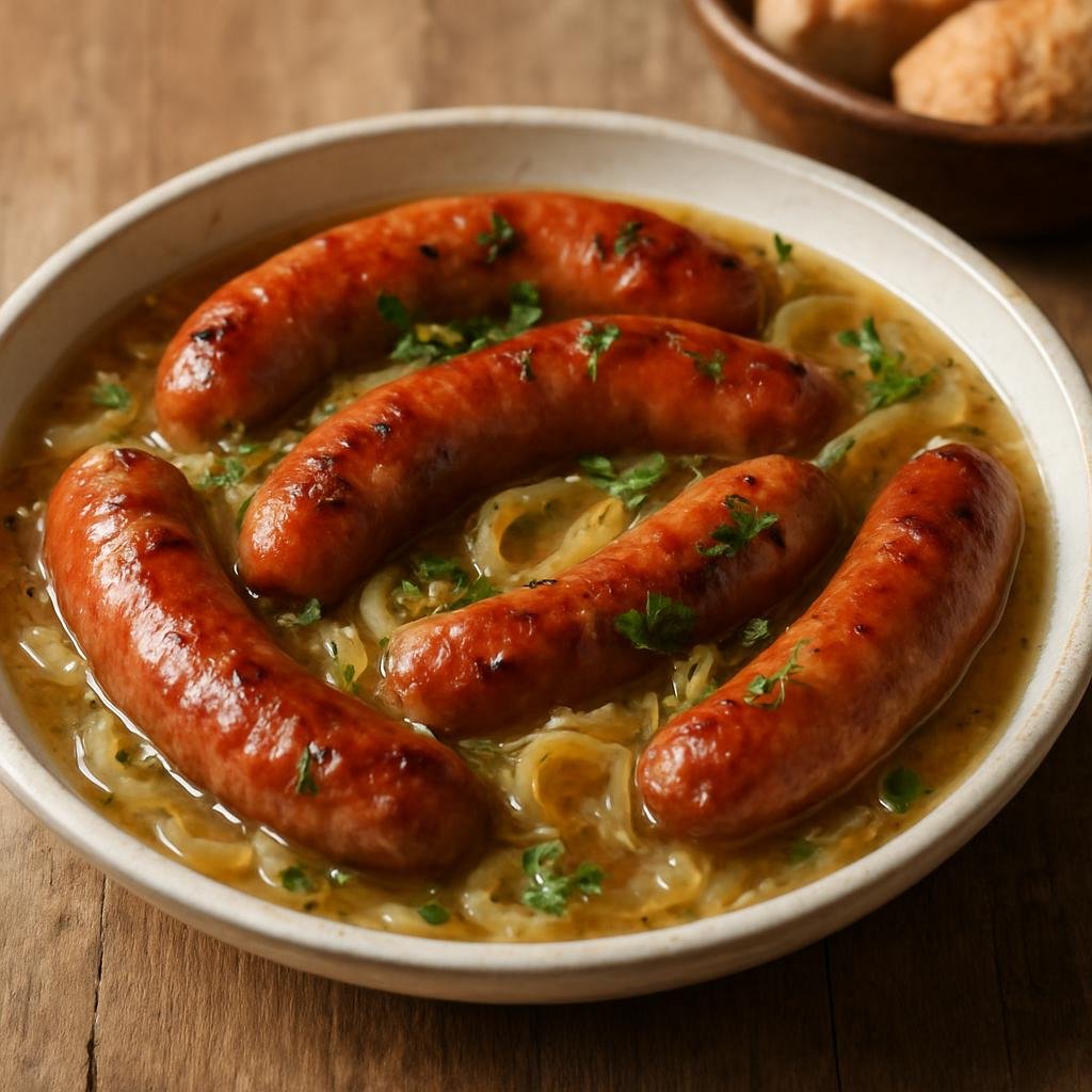 Entree: France – Dauphine – Diots de Savoie (Savoyard pork sausages braised in white wine with onions and aromatic herbs) recipe