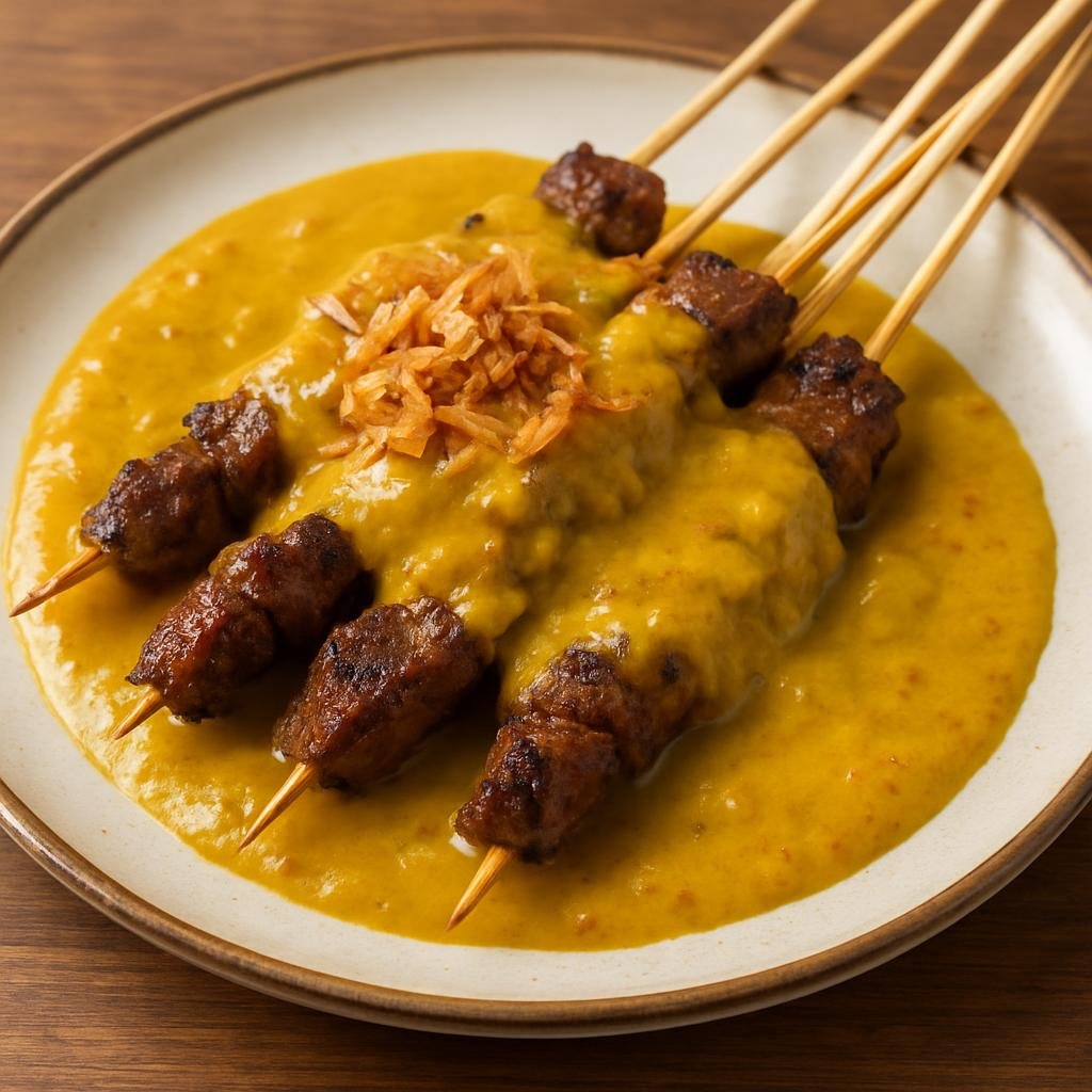 Entree: Indonesia – Indonesian Street Food – Sate Padang (Skewered beef served with a thick, spicy turmeric-peanut Padang-style sauce) recipe