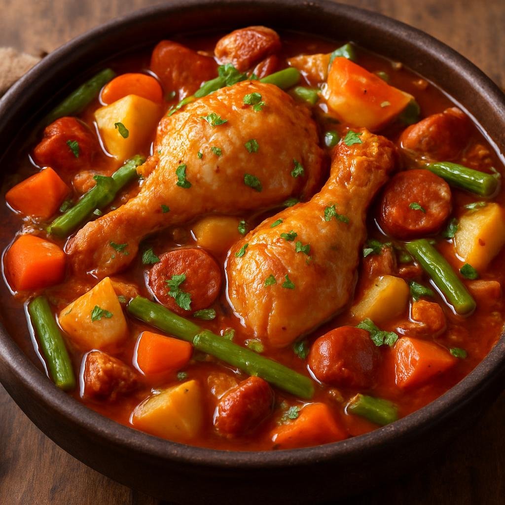 Entree: Mexico – Michoacan – Pollo Placero (Rustic Michoacán one-pot chicken stew with vegetables and chorizo) recipe
