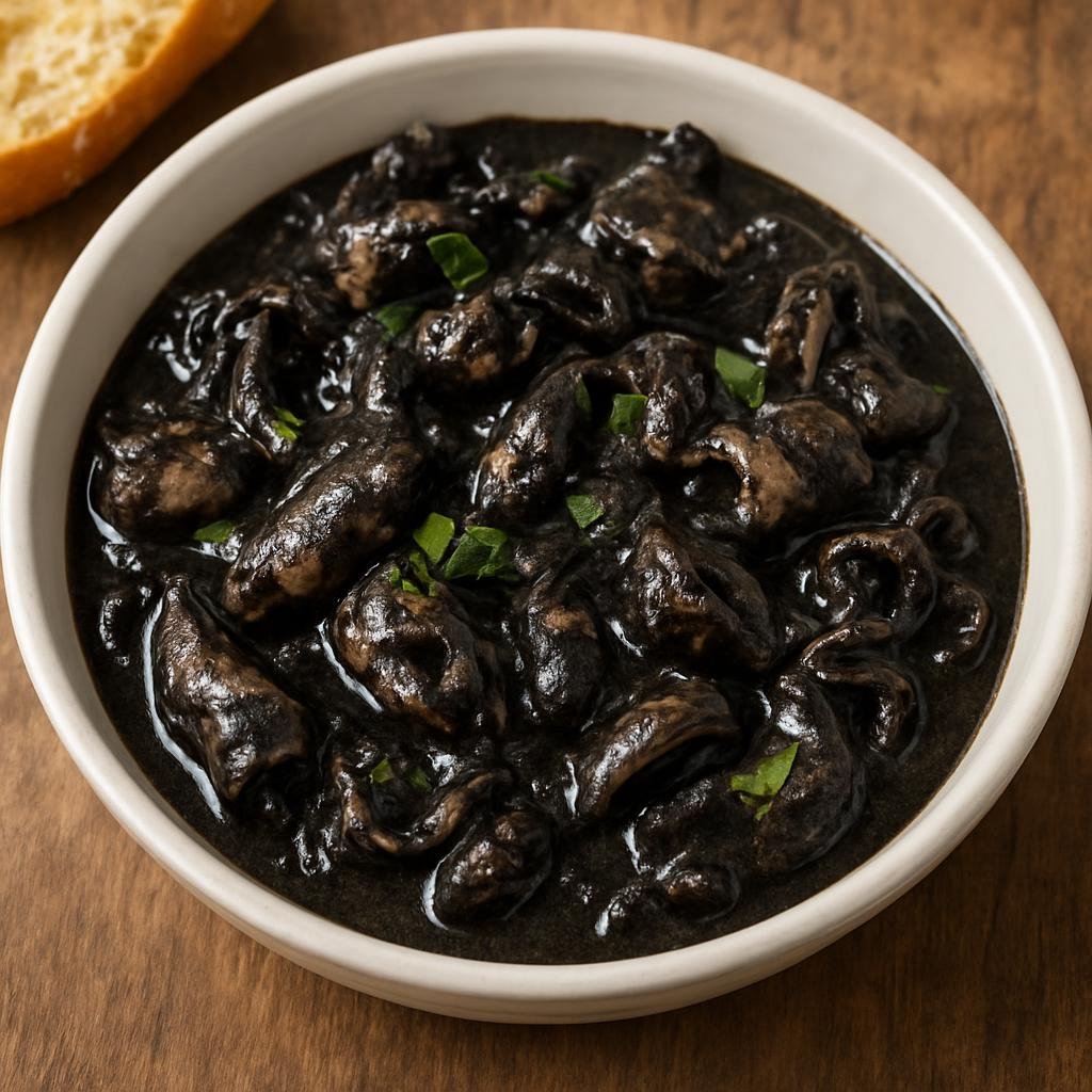 Entree: Spain – Galicia – Chocos en su Tinta (Cuttlefish stewed in its own ink to create a rich black sauce) recipe