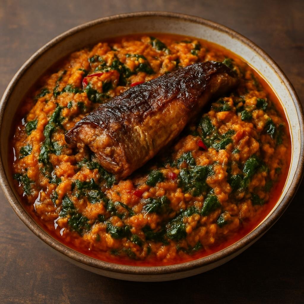 Entree: Nigeria – Yoruba Southwest – Ikokore (Thick grated water-yam pottage cooked with palm oil, smoked fish, peppers, and leafy greens) recipe