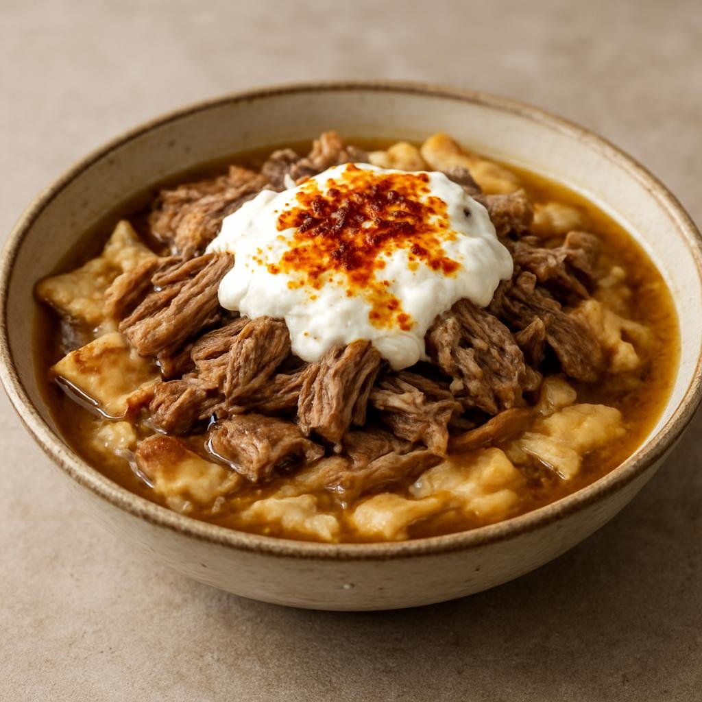 Entree: Turkey – Turkish Kurdish Cuisine – Tirit (Shredded lamb stewed in broth and served over torn flatbread, often finished with yogurt and buttery pepper oil) recipe