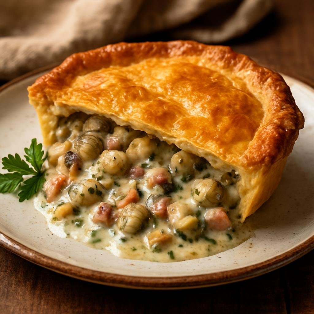 Entree: United Kingdom – Wales – Cockle and Bacon Pie (Savory British pie of cockles and bacon in a rich herbed cream sauce baked under pastry) recipe