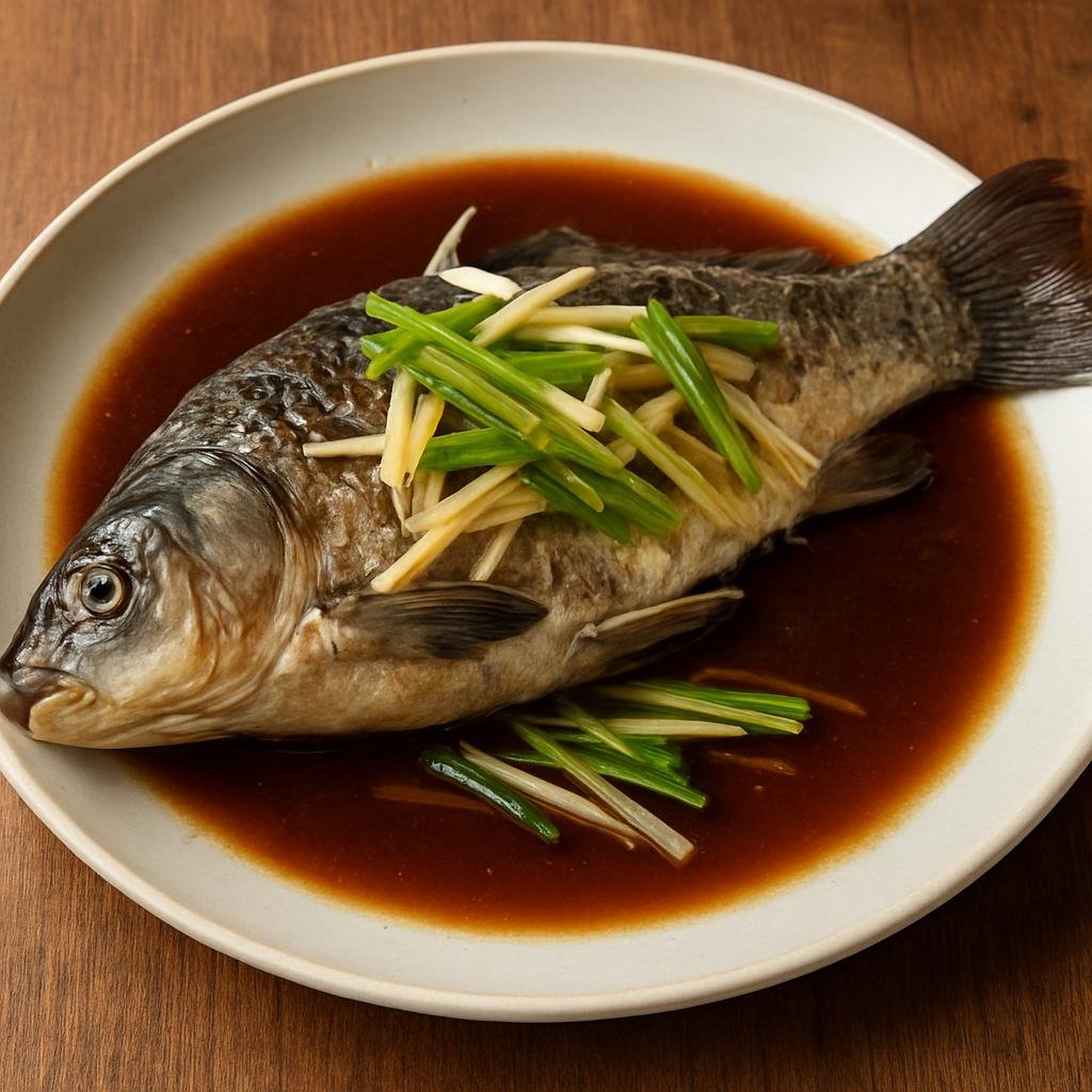 Entree: China – Hubei – 清蒸武昌鱼 ➤ Qīngzhēng Wǔchāng yú (Steamed freshwater carp from Wuchang served simply with soy, ginger, and scallions) recipe