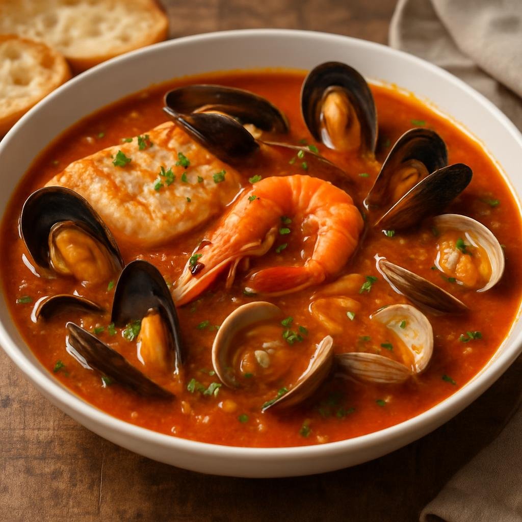 Entree: France – French Riviera – Bouillabaisse (Classic Provençal fish and shellfish stew simmered in a saffron-tomato broth) recipe