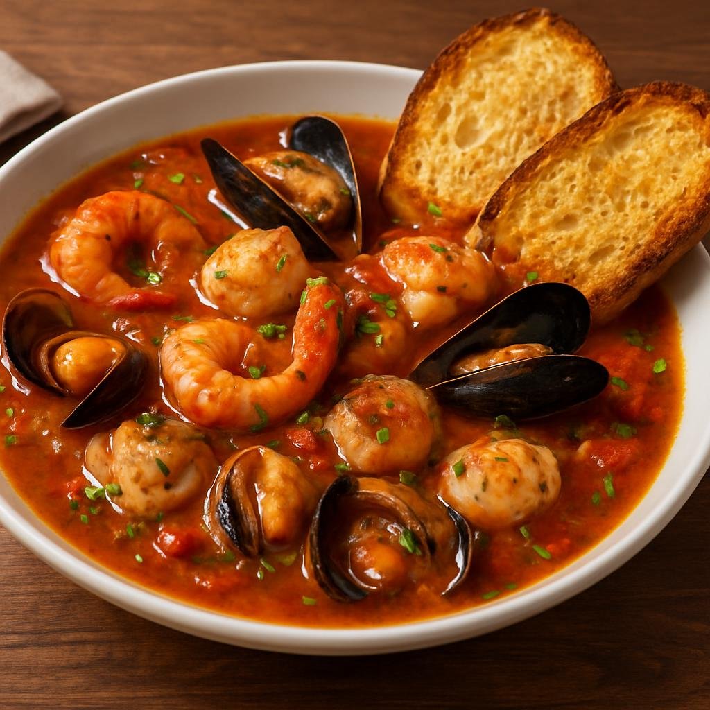 Entree: Italy – Marche – Brodetto all'Anconetana (Adriatic mixed seafood stew in a light tomato, wine, and herb broth served with toasted bread) recipe