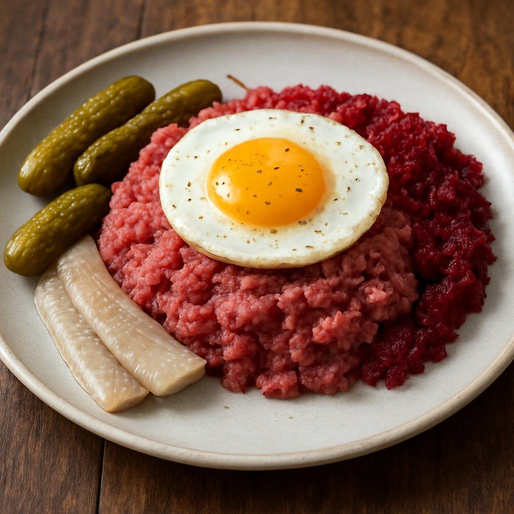 Entree: Germany – Schleswig-Holstein – Labskaus (Northern German corned beef and potato hash with beetroot, traditionally served with fried egg and pickles) recipe