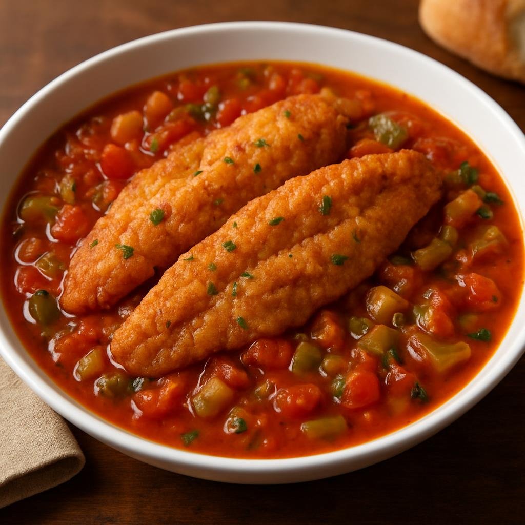 Entree: United States – Creole Louisiana – Catfish Courtbouillon (Catfish fillets cooked in a spicy Creole tomato-and-vegetable stew) recipe